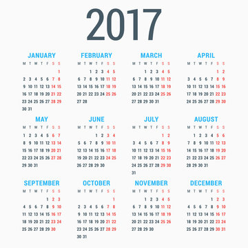 Calendar for 2017 year. Vector design stationery template. Week starts Monday. Vector illustration