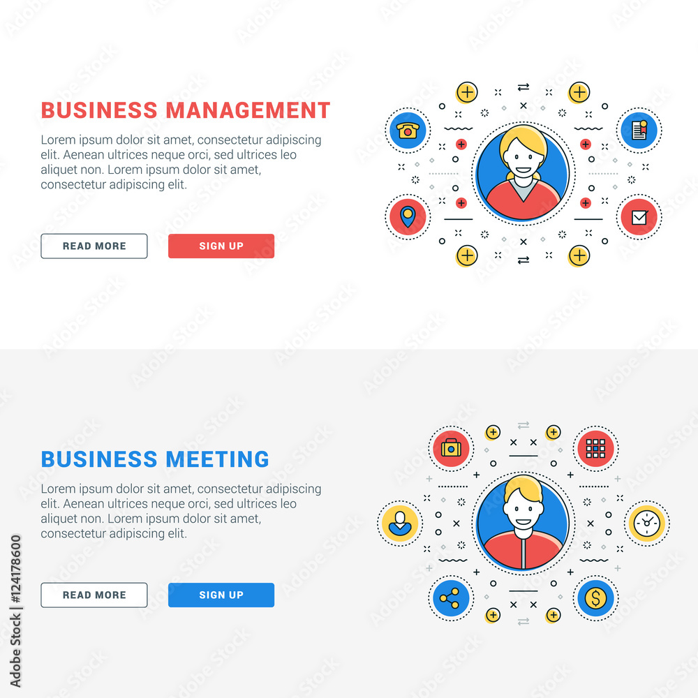 Wall mural set of flat line business website banner templates. vector illustration. modern thin line icons in c