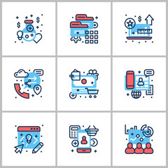 Business and Working. Set of nine icons on startup, web, checking, statistics. Colored in gray, red and blue. Flat vector illustrations