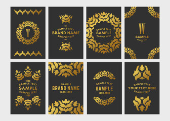 Set of floral logo frame and monogram. Golden on black background. Vector illustration. Decorative elements for business card, invitation, greeting card template