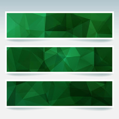 Vector green banners set with polygonal abstract triangles. Abstract polygonal low poly banners.