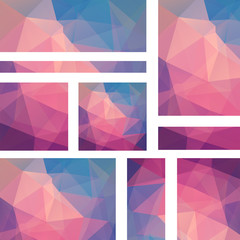 Vector banners set with polygonal abstract pink, blue triangles. Abstract polygonal low poly banners.