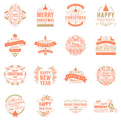 Set of Merry Christmas and Happy New Year Decorative Badges for Greetings Cards or Invitations. Vector Illustration. Typographic Design Elements. Red and Golden Color Theme