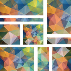 Horizontal banners set with polygonal triangles. Polygon background, vector illustration. Orange, blue, green colors