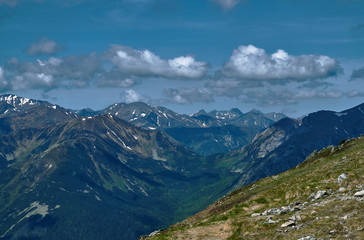 Fototapeta na wymiar Rocky peaks and clouded sky in the Tatra Mountains in Poland.