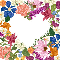 Heart silhouette on hand drawn floral background