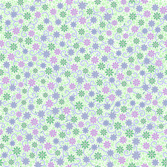 Seamless pattern with small gentle daisy flowers in pink, green, light violet color on white background. Can be used for wallpaper, fabric, wrapping paper.