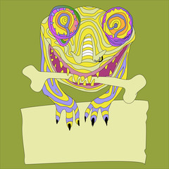 vector illustration of a monster holding a bone in his mouth and a plate in his cantles