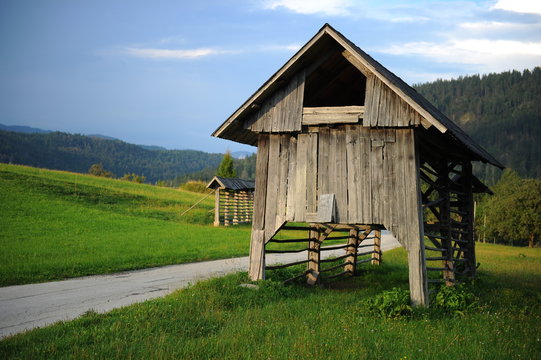 Traditional retro vintage wooden hayrack on the lush green Alpine meadow, Slovenia, Europe