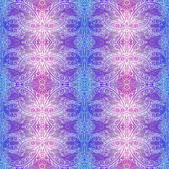 Bright seamless colorful ethnic christmas pattern. Collage with hand drawn branches,  leaves, flowers. Batik style background, backdrop. Boho style. Imitation of the frost painting image on the window