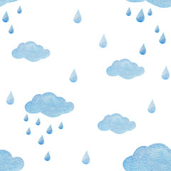 Fototapety  Akwarela bezszwowe wzór z kroplami deszczu i chmurami na białym tle