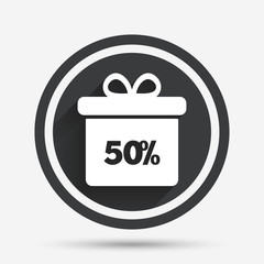 50 percent sale gift box tag sign icon.