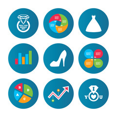 Wedding dress icon. Women's shoe symbol.