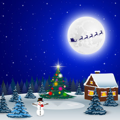 Night christmas forest landscape. Santa Claus