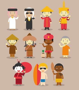 Kids and nationalities of the world vector: Asia and Oceania/Australia Set 3. Set of 11 characters dressed in different national costumes (9 from Asia and 2 from Oceania/Australia).