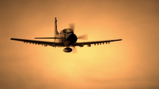 Slow motion of retro propeller aircraft flying in the sky