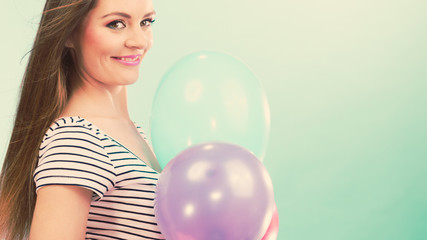 Woman summer joyful girl with colorful balloons