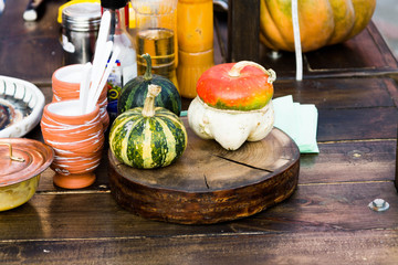 Pumpkins on a wooden background.