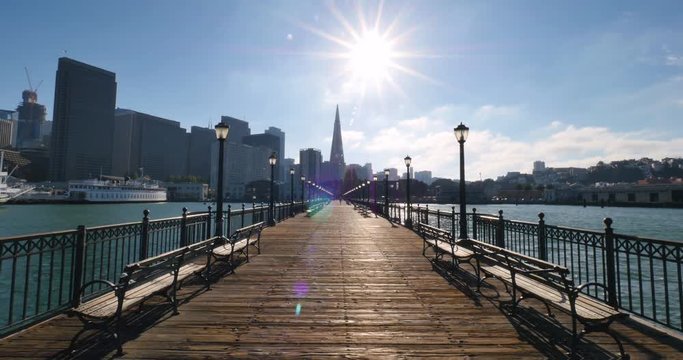 SAN FRANCISCO - Circa October, 2016 - A stationary San Francisco city skyline shot as seen from the far end of Pier 7.  	