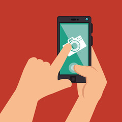 hands holds smartphone camera picture design, vector illustration graphic