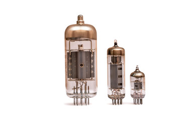 Group of old vacuum tubes isolated on the white background, radio valves.