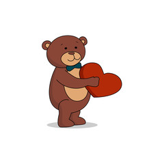 Couple lovers of teddy bears with heart in hands. Bear gives a red heart female bears. Bear sheepishly from the proposal. Vector illustration 