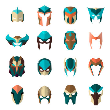 Set of super hero masks in flat style. Big collection cartoon superhero. Vector