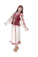 Full Length Portrait of Happy Smiling Brunette Woman Posing in Unique Hand Made Belorussian Dress
