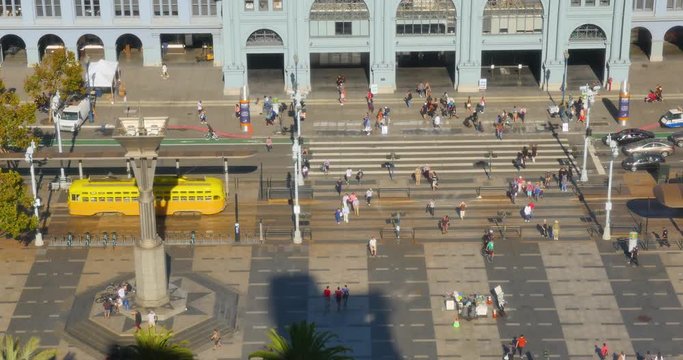 SAN FRANCISCO - Circa October, 2016 - A high angle daytime establishing shot of the busy activity on The Embarcadero outside the Ferry Building.  	