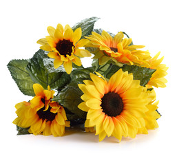 Artificial sunflowers isolated on white background.