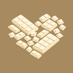 Vector illustration of white chocolate bar pieces forming valentine heart shape on dark brown background.