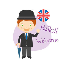 Vector illustration of cartoon characters saying hello and welcome in English