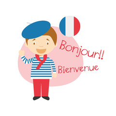 Fototapety  Ilustracja wektorowa postaci z kreskówek mówiących „Witam i witaj” po francusku