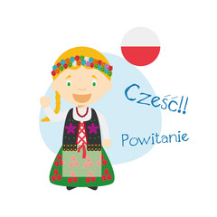 Vector illustration of cartoon characters saying hello and welcome in Polish