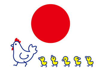 日の丸　にわとり親子