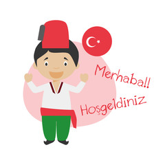 Vector illustration of cartoon characters saying hello and welcome in Turkish