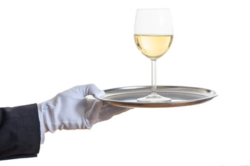 Waiter serving wine on a tray