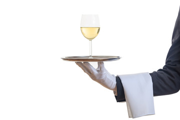 Waiter serving wine on a tray