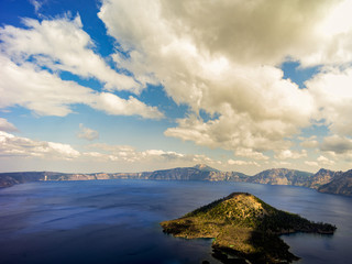 Clouds over Crater Lake, Wizard Island, Oregon, USA