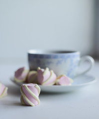 tenderness concept, marshmallow and hot cup of red tea
