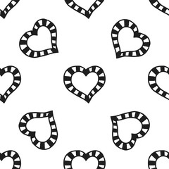 Black and white seamless pattern with decorative hearts for coloring