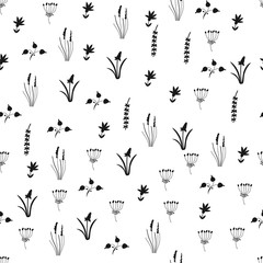 Black and white floral seamless pattern with flowers, leaves.