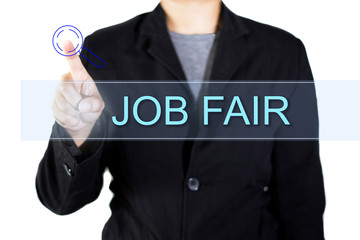 JOB FAIR touchscreen is operated by businessman.