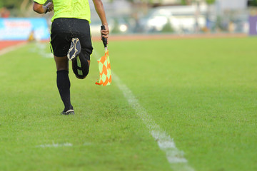 Assistant referees signalling with the flag on the sideline duri