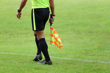 Assistant referees signalling with the flag on the sideline duri