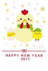 かわいい年賀状　雪だえるまのニワトリとひよ子たち
