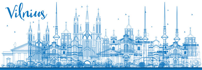 Outline Vilnius Skyline with Blue Landmarks.