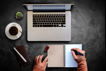 Top view of office subply or hipster desktop. Vintage effected photo.