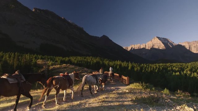 Wide shot of tourists horse riding in Glacier National Park