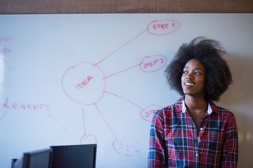 African American woman writing on a chalkboard in a modern offic